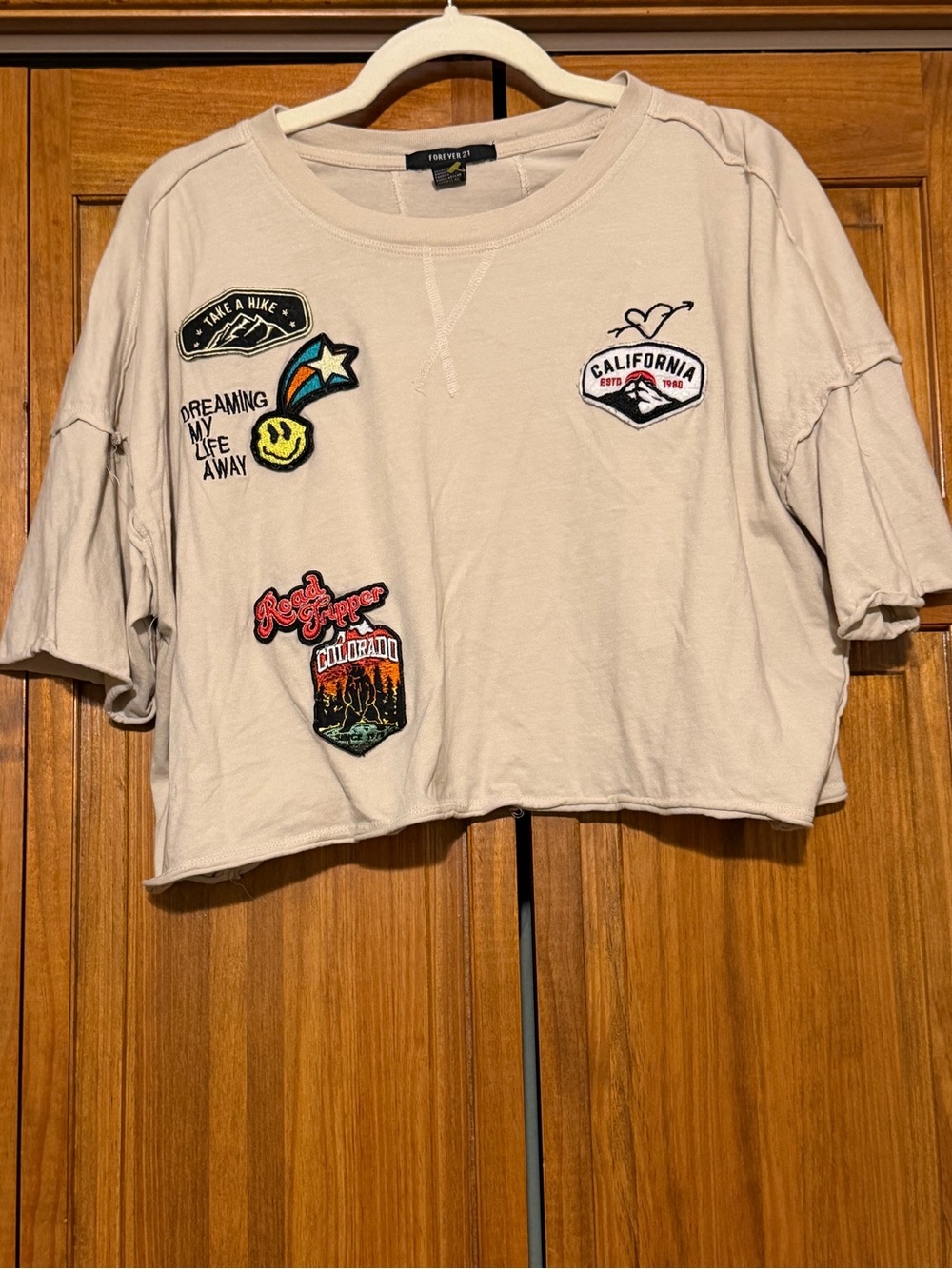 Forever 21 Beige Patchwork Cropped Tee